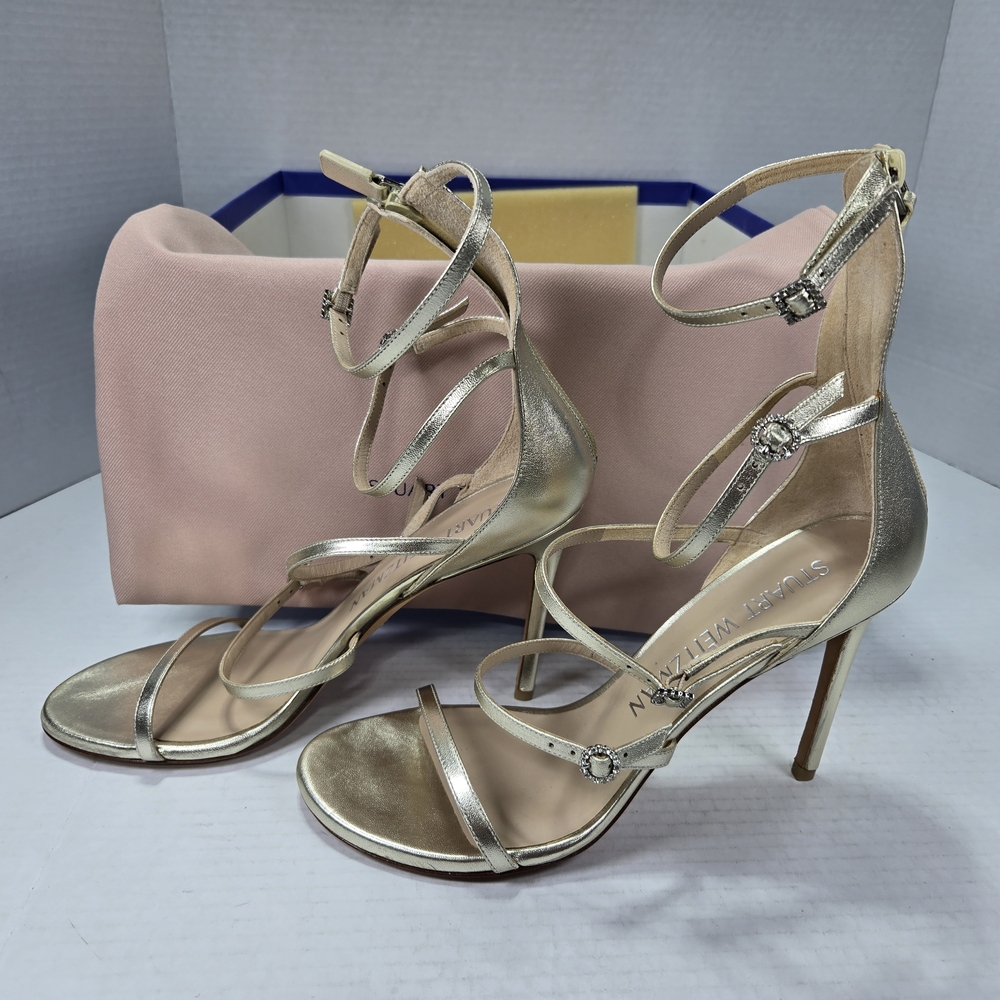 Stuart Weitzman Nudist Geo Crystal Geo Buckle 100mm Metallic Heels Size 10 1/2 - Picture 6 of 14